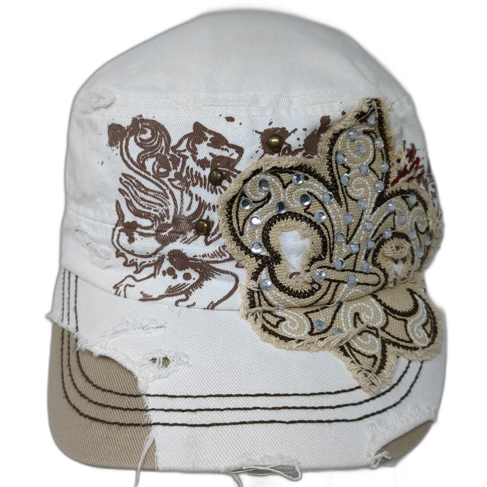 Leader Army Cap White One Size Fleur De Lis Rhinestone Sequin Distressed Hat